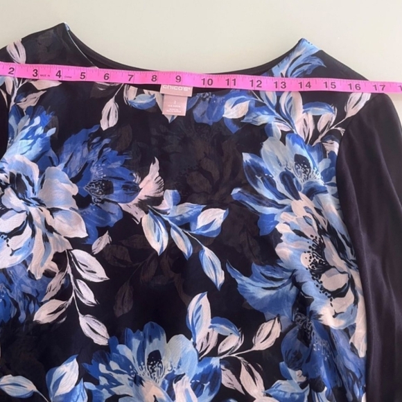 Chicos Women Top Size Mefium Floral Blue/Black Women's Top Long Sleeve Crew Neck - Picture 4 of 8